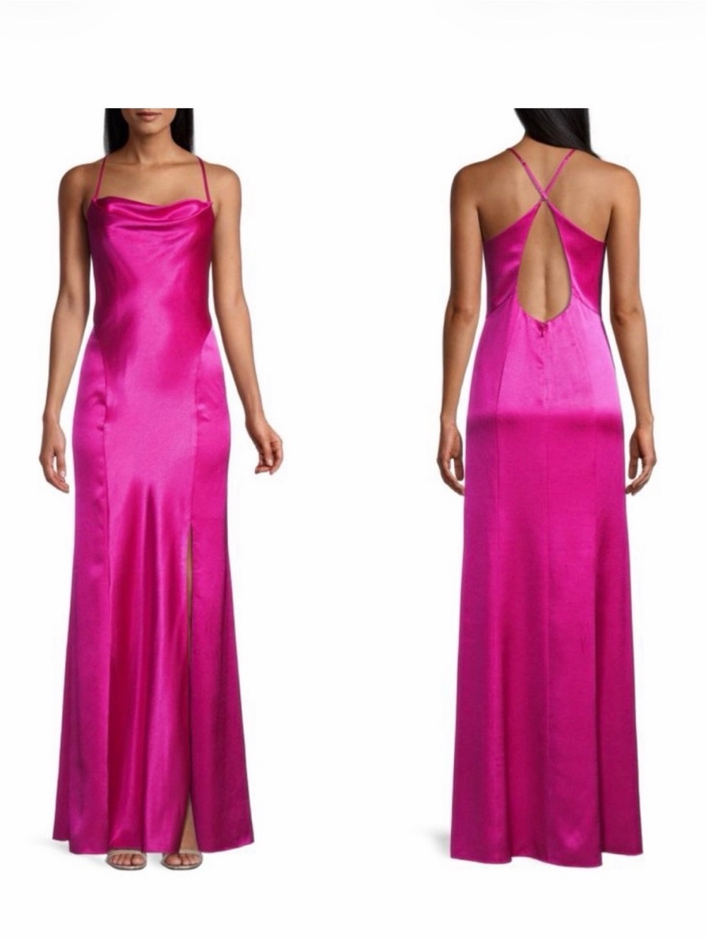 Aidan Mattox Satin Cowl Neck Open-Back Slip Dress in Hot Pink